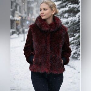 Sosken Gisela Faux Fur Statement Coat - Burgundy Red Size S